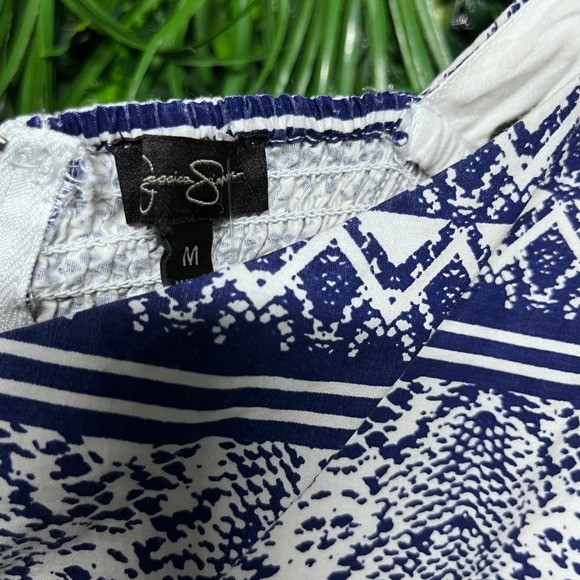 Jessica Simpson Dress Medium Blue White Geometric Print Cutout Fit Flare 3571 - Picture 4 of 9